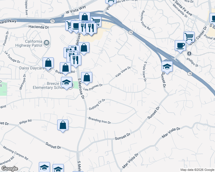 map of restaurants, bars, coffee shops, grocery stores, and more near 775 Vale View Drive in Vista