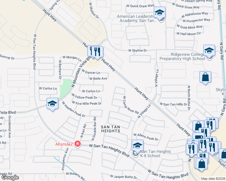 map of restaurants, bars, coffee shops, grocery stores, and more near 33800 N Cherry Creek Rd in Queen Creek