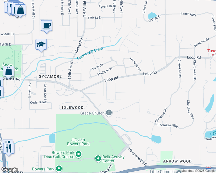 map of restaurants, bars, coffee shops, grocery stores, and more near 114 East Glen Iris in Tuscaloosa