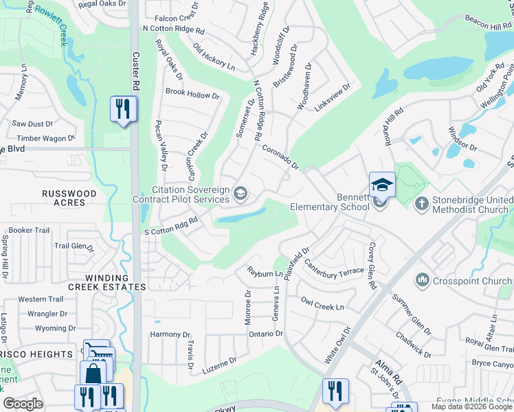 map of restaurants, bars, coffee shops, grocery stores, and more near 8417 Gallery Way in McKinney