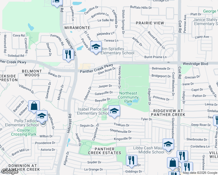 map of restaurants, bars, coffee shops, grocery stores, and more near 11485 Jasper Drive in Frisco