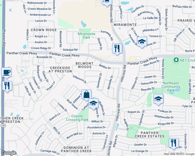 map of restaurants, bars, coffee shops, grocery stores, and more near 10775 Midway Drive in Frisco