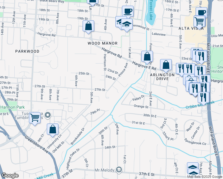 map of restaurants, bars, coffee shops, grocery stores, and more near 2425 Prince Avenue in Tuscaloosa