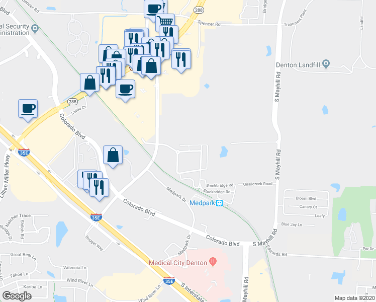 map of restaurants, bars, coffee shops, grocery stores, and more near 3512 Quail Creek Drive in Denton