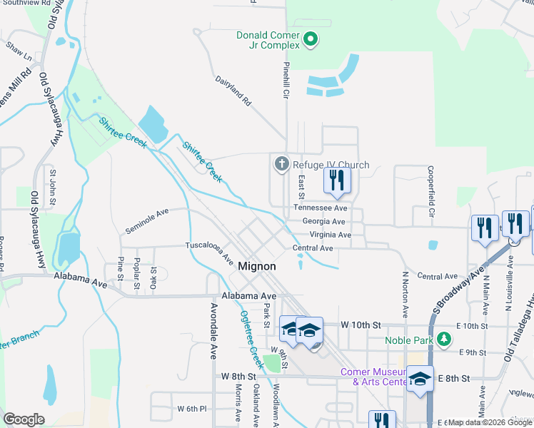 map of restaurants, bars, coffee shops, grocery stores, and more near 27 Creek Street in Sylacauga