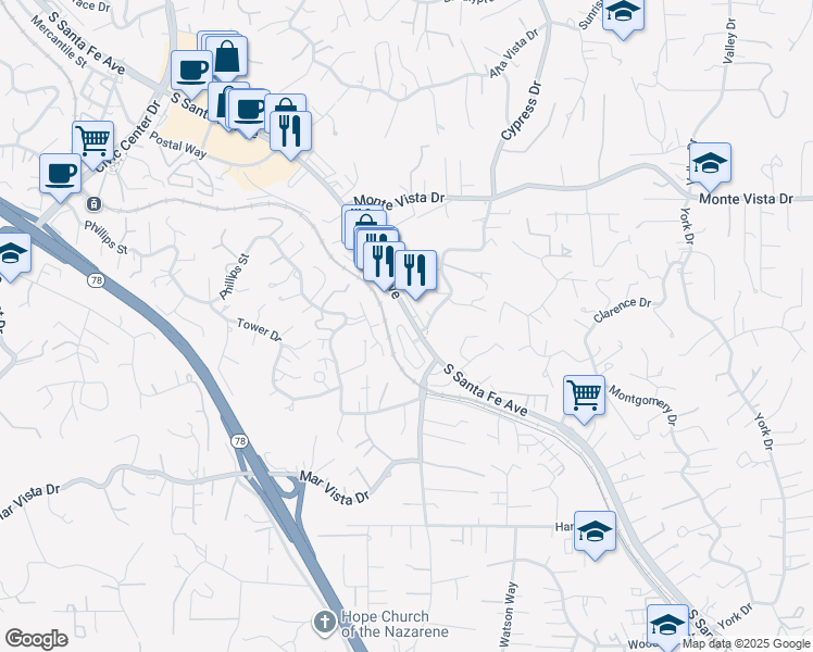 map of restaurants, bars, coffee shops, grocery stores, and more near 1332 Mesquite Drive in Vista