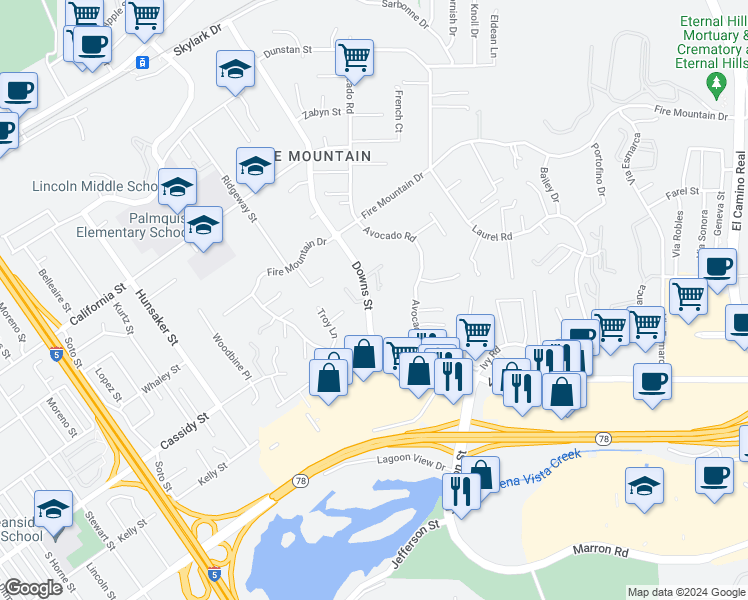 map of restaurants, bars, coffee shops, grocery stores, and more near 1854 Downs Street in Oceanside