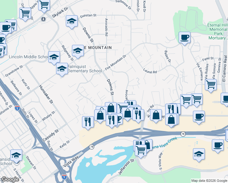 map of restaurants, bars, coffee shops, grocery stores, and more near 1850 Downs Street in Oceanside