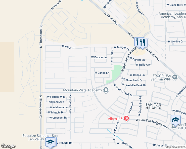 map of restaurants, bars, coffee shops, grocery stores, and more near 33782 North Mercedes Drive in Queen Creek