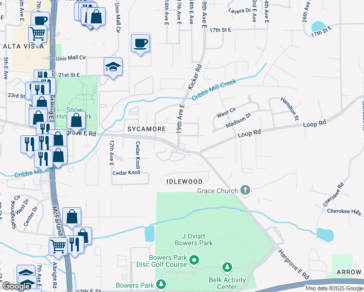 map of restaurants, bars, coffee shops, grocery stores, and more near 1708 Hargrove Road East in Tuscaloosa