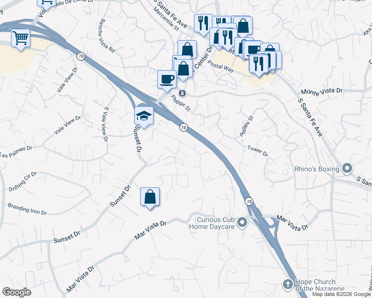 map of restaurants, bars, coffee shops, grocery stores, and more near 1018 Prospect Place in Vista