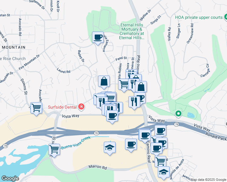 map of restaurants, bars, coffee shops, grocery stores, and more near 2239 Via Esmarca in Oceanside