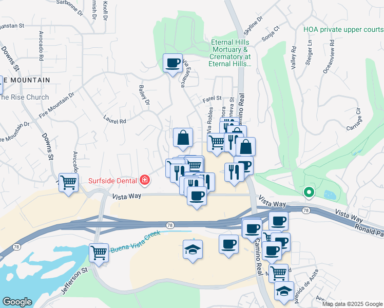 map of restaurants, bars, coffee shops, grocery stores, and more near 2239 Via Esmarca in Oceanside
