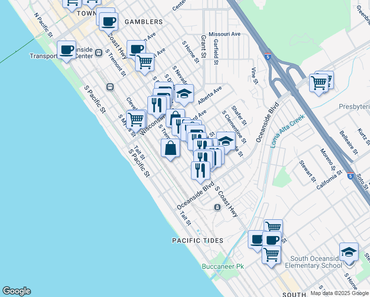 map of restaurants, bars, coffee shops, grocery stores, and more near 1016 South Tremont Street in Oceanside
