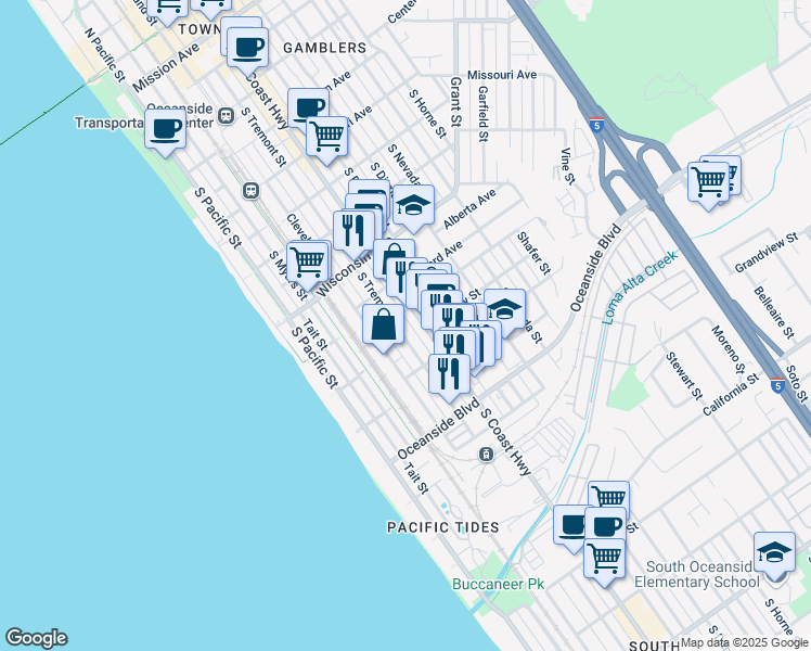 map of restaurants, bars, coffee shops, grocery stores, and more near 1016 South Tremont Street in Oceanside