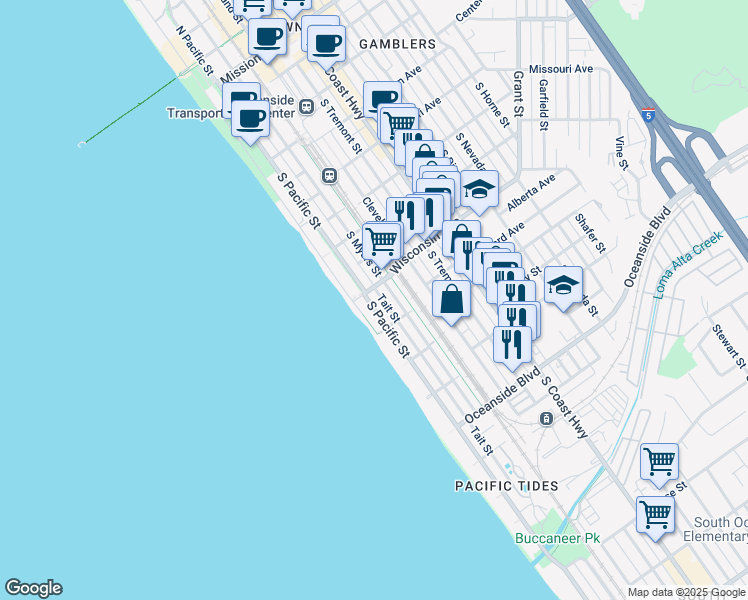 map of restaurants, bars, coffee shops, grocery stores, and more near in Oceanside