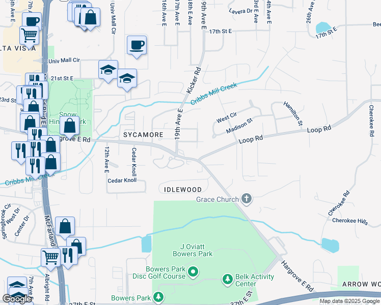 map of restaurants, bars, coffee shops, grocery stores, and more near 1708 Hargrove Road East in Tuscaloosa
