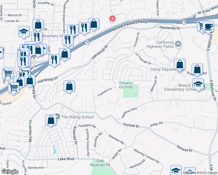 map of restaurants, bars, coffee shops, grocery stores, and more near 633 Cantara Lane in Vista