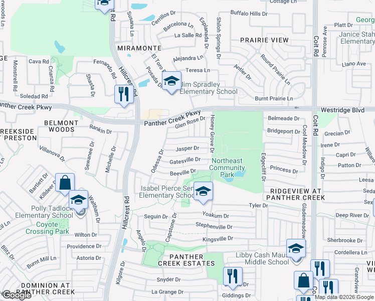 map of restaurants, bars, coffee shops, grocery stores, and more near 11485 Jasper Drive in Frisco
