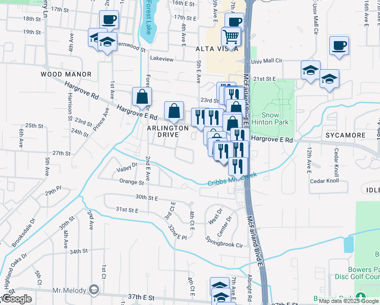 map of restaurants, bars, coffee shops, grocery stores, and more near 2502 5th Avenue East in Tuscaloosa