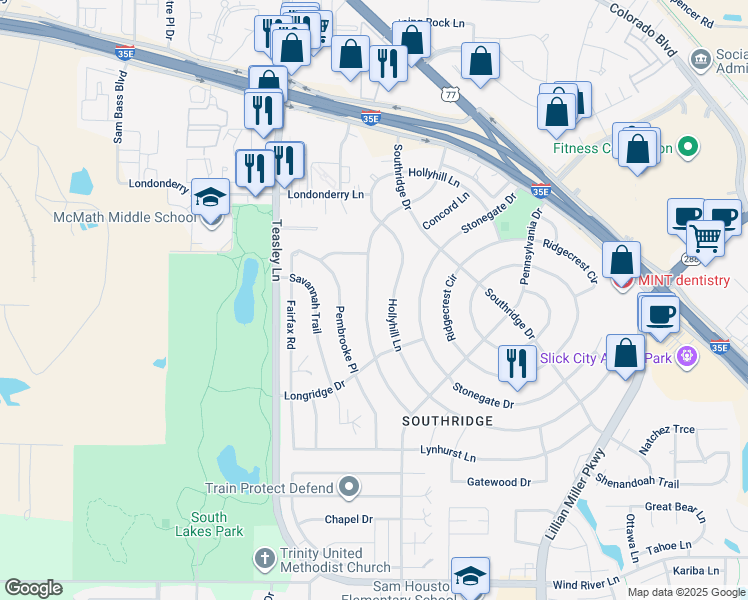 map of restaurants, bars, coffee shops, grocery stores, and more near 2121 Woodbrook Street in Denton