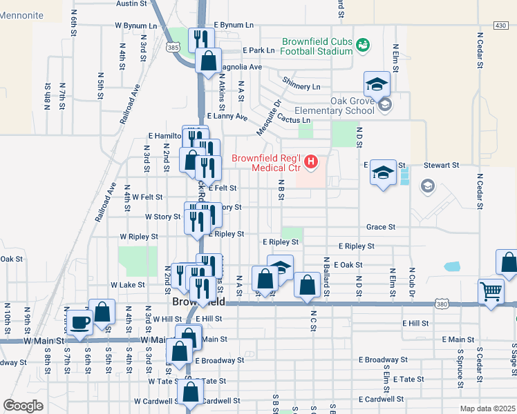 map of restaurants, bars, coffee shops, grocery stores, and more near 500 East Story Street in Brownfield