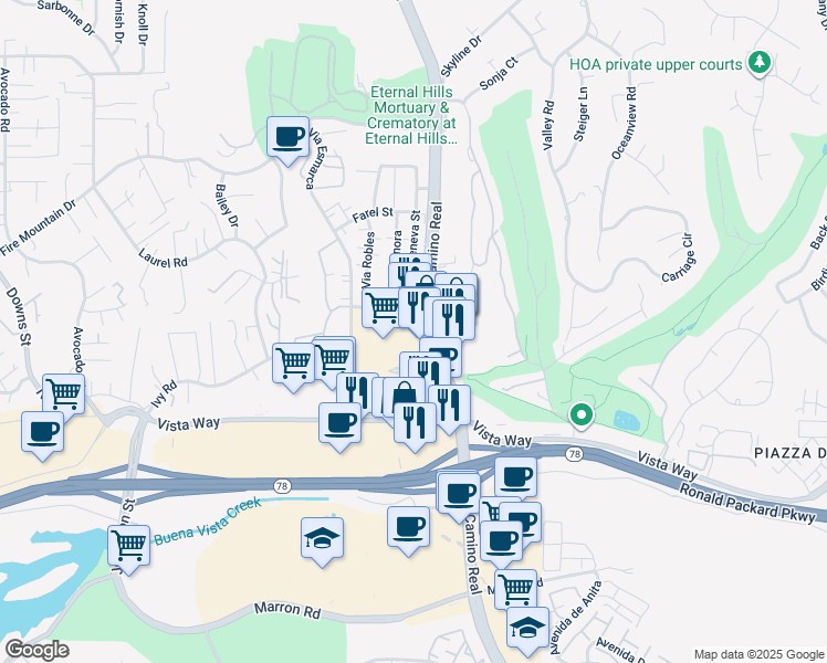 map of restaurants, bars, coffee shops, grocery stores, and more near 2249 El Camino Real in Oceanside