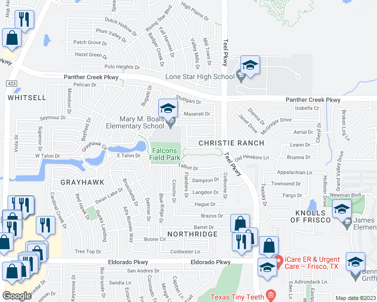 map of restaurants, bars, coffee shops, grocery stores, and more near 2205 Chenault Drive in Frisco