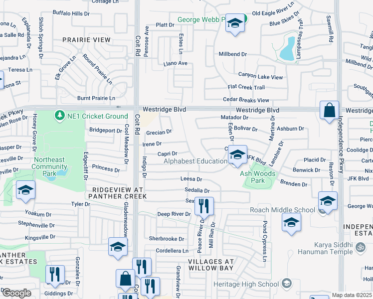 map of restaurants, bars, coffee shops, grocery stores, and more near 10700 Capri Drive in McKinney