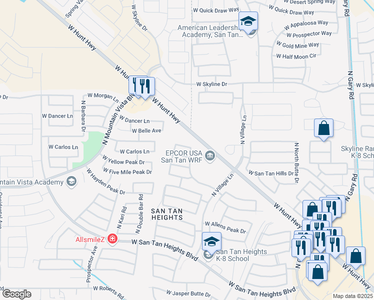 map of restaurants, bars, coffee shops, grocery stores, and more near 2765 West Santa Cruz Avenue in Queen Creek