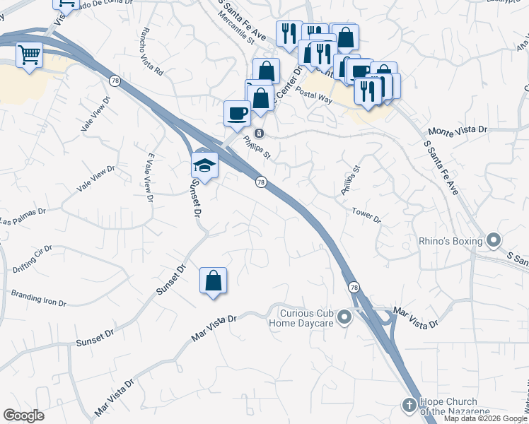 map of restaurants, bars, coffee shops, grocery stores, and more near 1018 Prospect Place in Vista