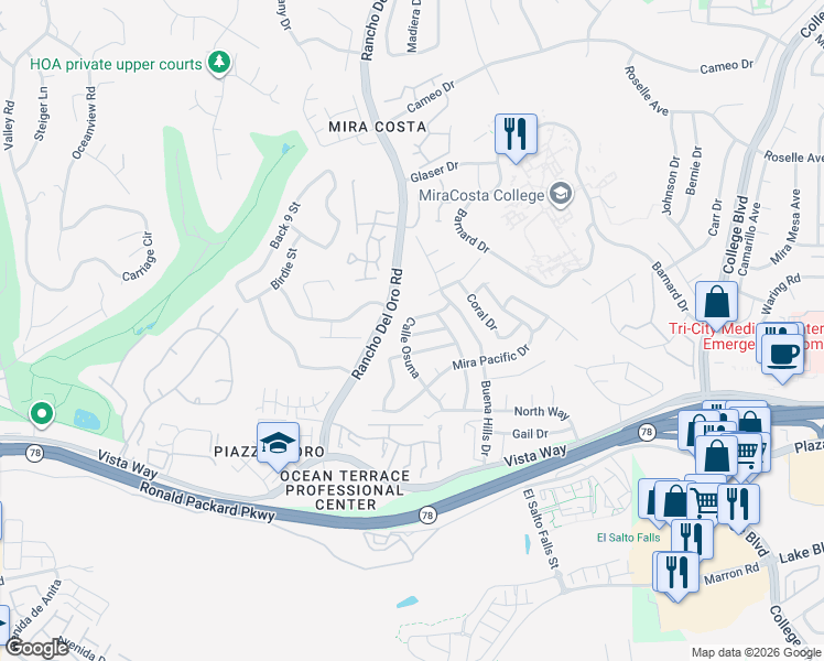 map of restaurants, bars, coffee shops, grocery stores, and more near 3585 Nina Street in Oceanside