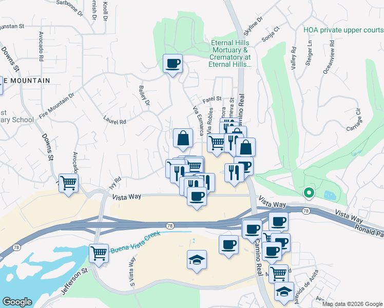 map of restaurants, bars, coffee shops, grocery stores, and more near 2239 Via Esmarca in Oceanside