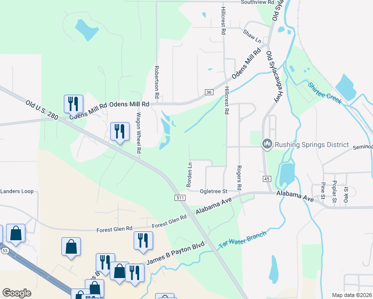 map of restaurants, bars, coffee shops, grocery stores, and more near 207 Borden Lane in Sylacauga