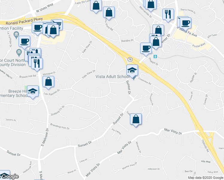 map of restaurants, bars, coffee shops, grocery stores, and more near 933 Vale View Drive in Vista