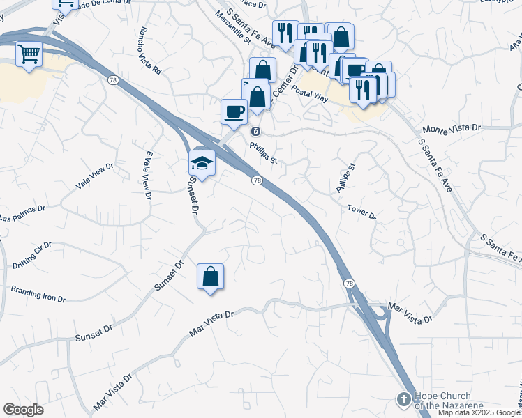 map of restaurants, bars, coffee shops, grocery stores, and more near 915 Crest View Road in Vista