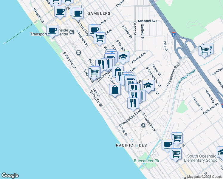 map of restaurants, bars, coffee shops, grocery stores, and more near 920 South Cleveland Street in Oceanside