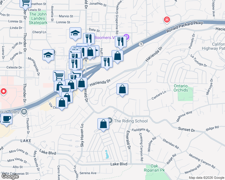 map of restaurants, bars, coffee shops, grocery stores, and more near 1740 Creekside Lane in Vista