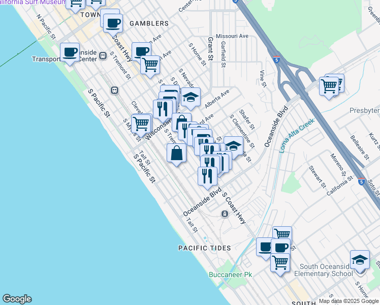 map of restaurants, bars, coffee shops, grocery stores, and more near 1009 South Coast Highway in Oceanside