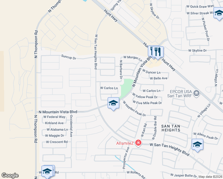 map of restaurants, bars, coffee shops, grocery stores, and more near 3729 West Carlos Lane in Queen Creek