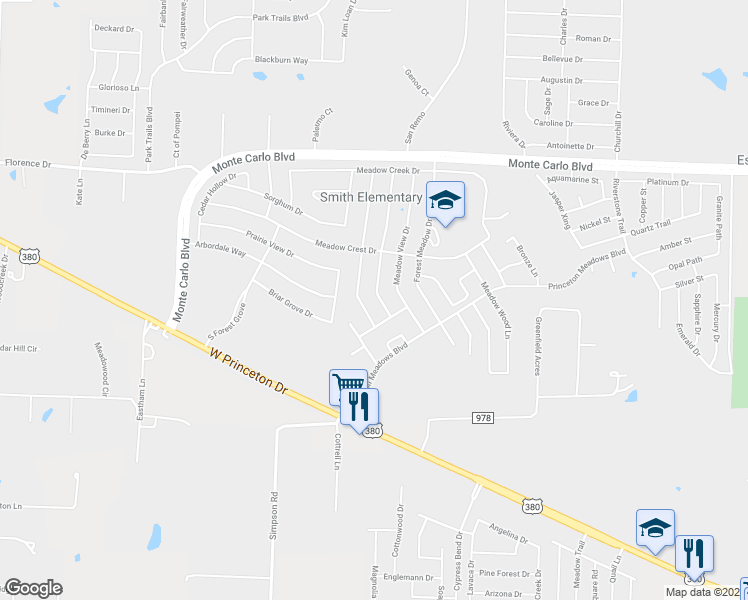 map of restaurants, bars, coffee shops, grocery stores, and more near 2020 Shady Glen Trail in Princeton