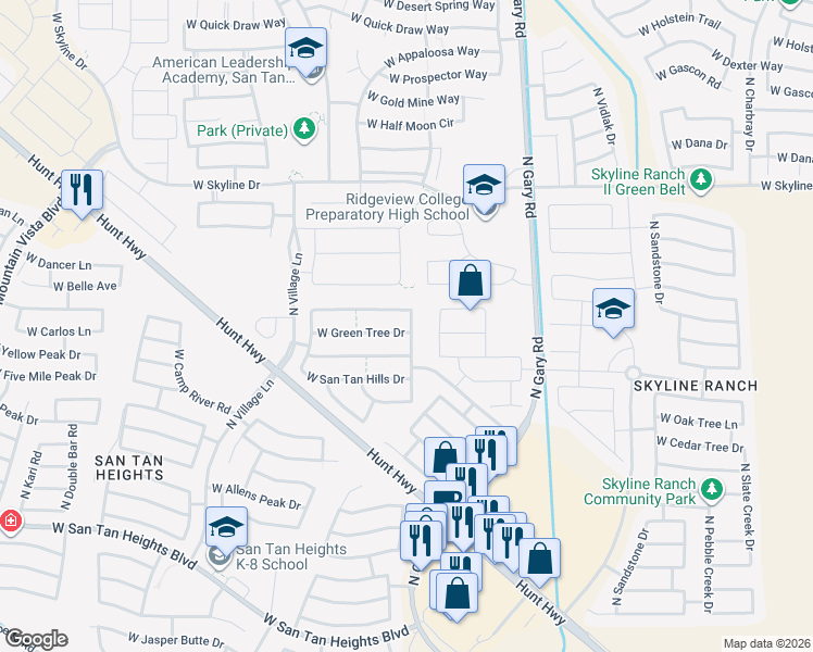 map of restaurants, bars, coffee shops, grocery stores, and more near 1906 West Green Tree Drive in Queen Creek