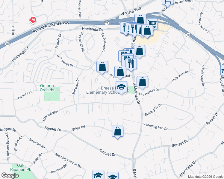 map of restaurants, bars, coffee shops, grocery stores, and more near 730 Breeze Hill Road in Vista