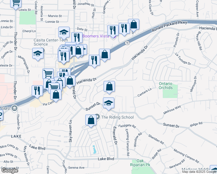 map of restaurants, bars, coffee shops, grocery stores, and more near 1745 Cottonwood Drive in Vista