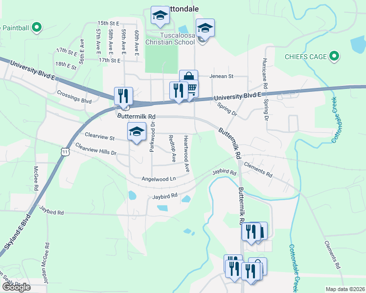 map of restaurants, bars, coffee shops, grocery stores, and more near 2301 Redtop Ave in Tuscaloosa