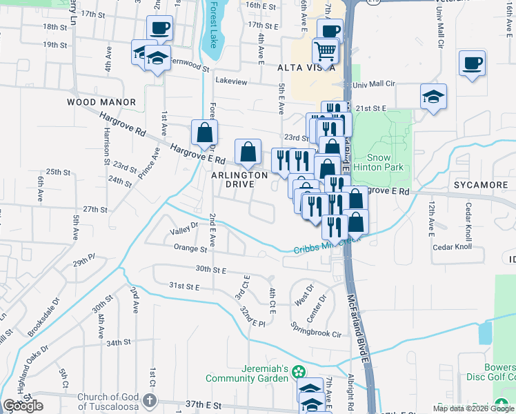 map of restaurants, bars, coffee shops, grocery stores, and more near 2502 5th Avenue East in Tuscaloosa