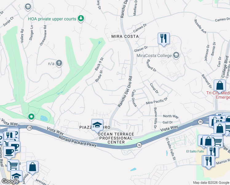 map of restaurants, bars, coffee shops, grocery stores, and more near 3369 Tournament Drive in Oceanside