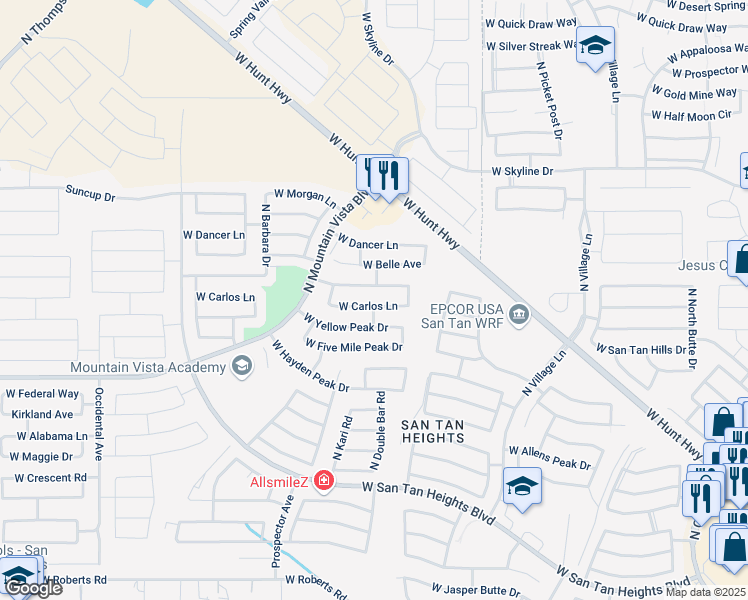 map of restaurants, bars, coffee shops, grocery stores, and more near 3160 West Carlos Lane in Queen Creek