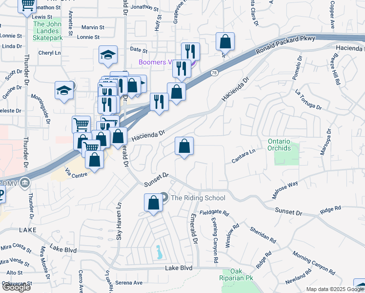 map of restaurants, bars, coffee shops, grocery stores, and more near 1745 Cottonwood Drive in Vista
