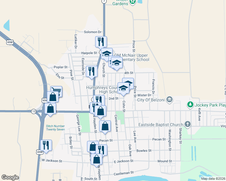 map of restaurants, bars, coffee shops, grocery stores, and more near 724 Central Street in Belzoni